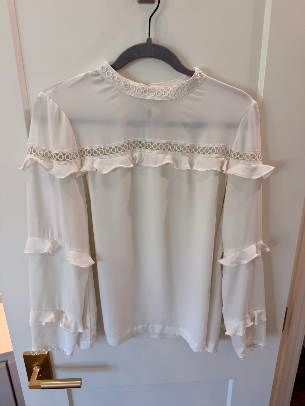 J. Crew Cream Ruffle Lace Yoke Long-Sleeve Blouse